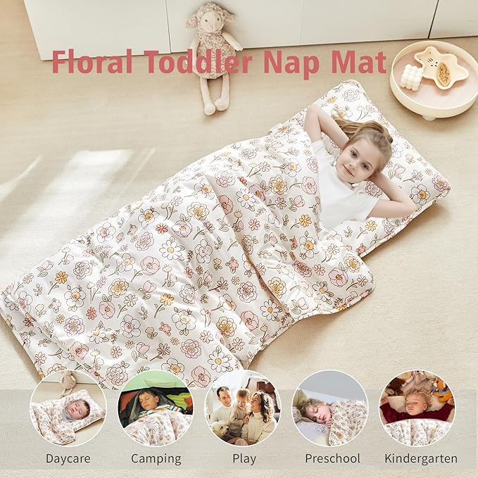 Toddler Nap Mat with Removable Pillow,Ultra Soft Slumber Bags for Girls,Kids Sleeping Bags with Roll Up Design, Perfect for Preschool,Daycare,Kindergarten