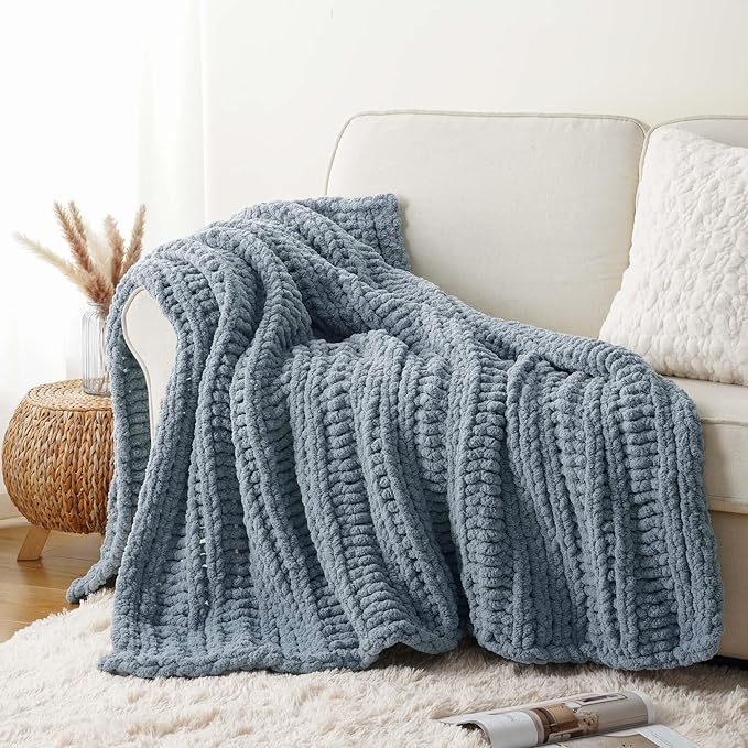 Battilo Bluish Grey Chenille Throw Blanket, Chunky Knit Throw Blanket for Couch, Soft Cozy Warm Cable Knit Blankets for Bed, Sofa, Living Room, 50"x60"