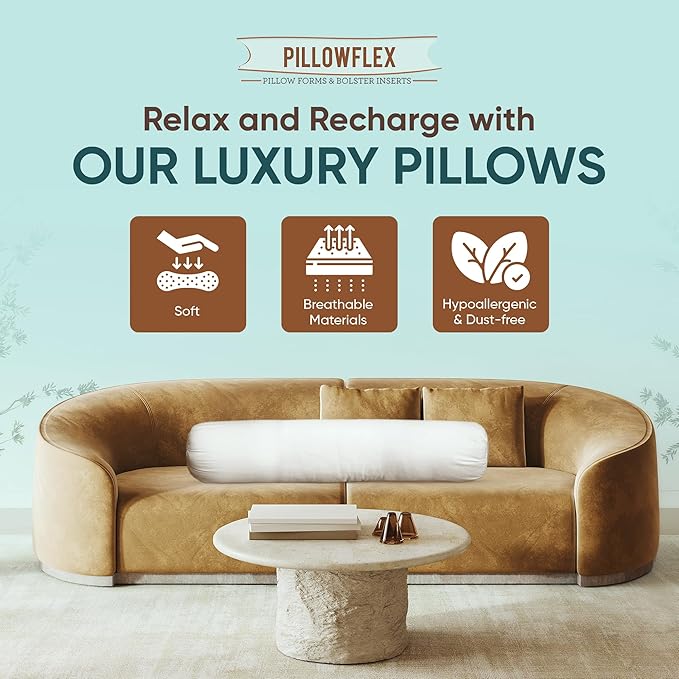 Pillowflex Bolster Pillow (8x14) - Round Roll Pillow Bolster Insert, Plush Polyester-Filled Insert for Decorative Shams, Odorless, Lint and Dust-Free Polyester Filling, No Lumps - (White)