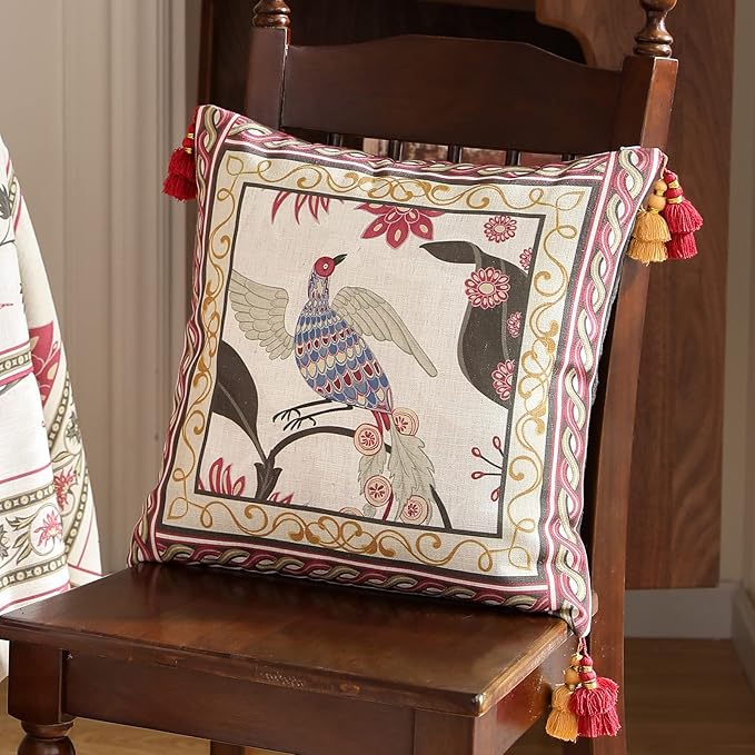 patdrea Designer Throw Pillow Cover 18"x18",Vintage Bird and Floral Pattern Linen Pillows Cover with Red and Yellow Pendant Charms,Square Decorative Pillowcases for Couch Bed Living Room Outdoor
