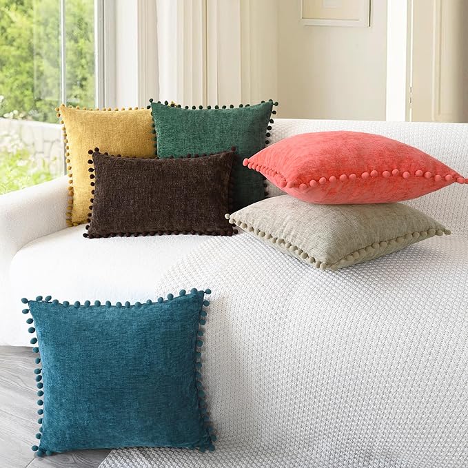 CaliTime Throw Pillow Covers Decorative 20 X 12 Inches Pack of 2 Cozy Solid Dyed Soft Chenille Cushion Cases with Pom Poms for Couch Sofa Bed Living Room Home Gold