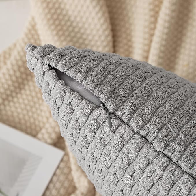 Kevin Textile 12x24 Inch Pillow Cover 1 Pack Boho Decorative Soft Striped Corduroy Lumbar Farmhouse Solid Color Accent Rectangle Cushion Case for Living Room Couch Sofa Bed, Light Grey