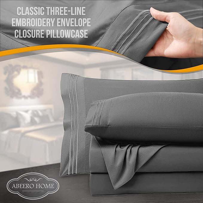 Queen Sheet Set - Luxury Hotel Bed Sheet - Soft Cooling Sheets with Elastic Corner Straps - Deep Pockets Microfiber Bedsheet - Bedding Sheets & Pillowcases - 4 Piece (Queen Size, Gray)