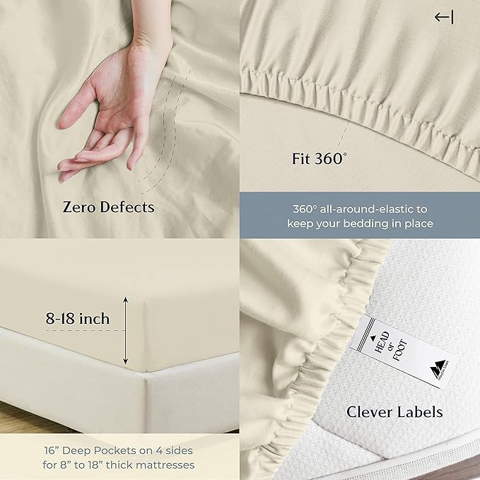 Mayfair Linen 500 Thread Count California King Cotton Sheets - 4 PC Cal King Size Bed Sheet Set Cotton (Sand), Soft, Cooling, Sateen Weave 16" Deep Pocket Bedsheet for Hot Sleepers (Fits 18" Mattress)