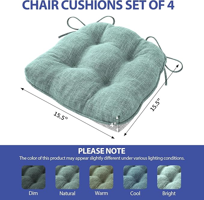 Chair Cushions for Dining Chairs Set of 4, Kitchen Chair Cushions, Chair Pads with Ties Non Slip Backing, Christmas Room Decor, Tufted Memory Foam Seat Cushion 4 Pack, 15.5x15.5x4, Sage Green