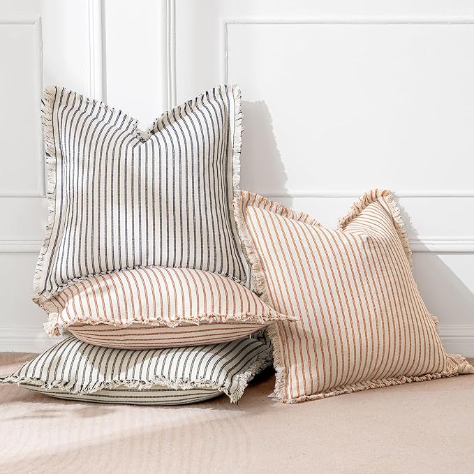 MIULEE Pack of 2 Navy Blue Pillow Covers 24x24 Inch Striped Farmhouse Couch Throw Pillow Covers with Fringe Chic Linen Decorative Cushion Eruo Sham for Sofa Living Room Bed Outdoor Home Decor