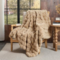 Lotus Karen Queen Size Faux Fur Blanket Khaki - Big Bubble Rabbit Fluff Blanket for Bed, Large Fluffy Fuzzy Cozy Blanket, Thick Furry Plush Shaggy Blankets, 90x90 Inches