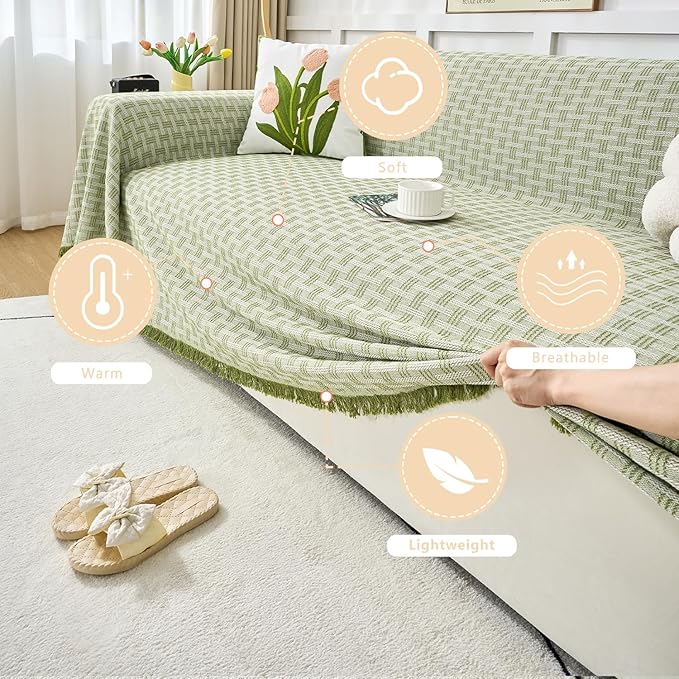 Green Couch Cover Blanket Cute Geometrical Jacquard Washable Sofa Cover for Extra Large Furniture for 3 Cushion Sofa L Shaped Sectional Couch Blanket 71"x 118"