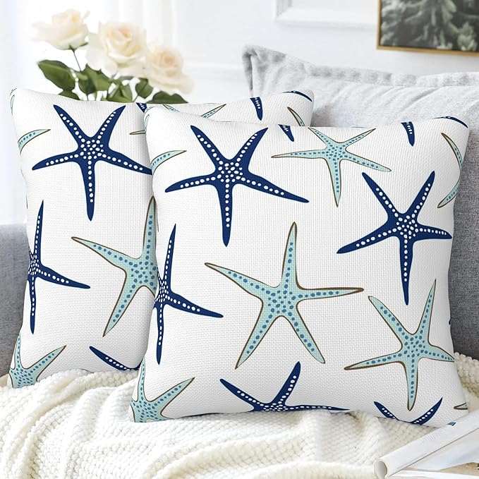 Throw Pillow Covers Nautical Starfish Pillow Covers 18x18 Inch Set of 2 Navy Blue and Turquoise Sea Stars Throw Pillows Decorative Pillow Cases Cushion Covers for Bedroom Livingroom