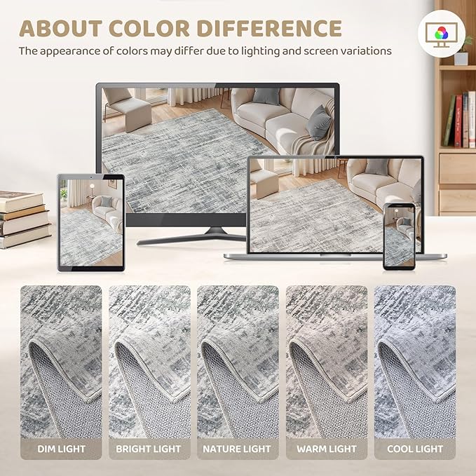 Area Rug for Living Room: 3x5 Washable Neutral Abstract Modern Soft Rugs Non Slip Indoor Floor Stain Resistant Carpet for Bedroom Dining Room Office Nursery - Gray
