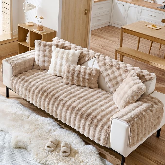 Faux Fur Couch Cover Fuzzy Soft Plush Thick Bubble Sofa Cover Luxury Sectional Couch Covers Luxury Anti-Slip Sofa Slipcover Washable Furniture Protector (Khaki,36"x63")