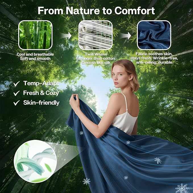 MR&HM Full Fitted Sheet Only, Ultra-Soft Rayon Derived from Bamboo & Polyester Blend, Silky & Breathable, 15" Deep Pocket with Elastic Straps, Cooling Fitted Sheet for Hot Sleepers, Navy Blue