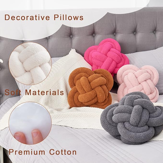 Xiashrk Knot Pillow Ball, 12" Soft Decorative Throw Pillows for Couch Bed, Dark Gray Knotted Plush Throw Pillow Handmade Square Cushion Home Couch Decor Pillows for Living Room