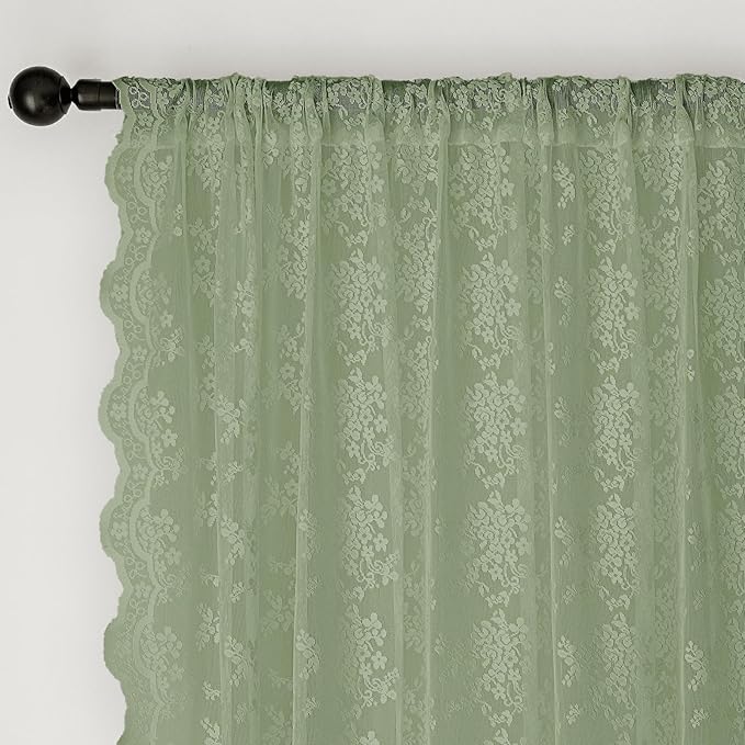 Anmao Vintage Sage Green Lace Curtains 108 Inches Long 2 Panels, Romantic Light Filtering Semi Sheer Floral Thick Lacy Curtain Drapes for Living Room and Bedroom, Each Panel 55W x 108L, Sage Green