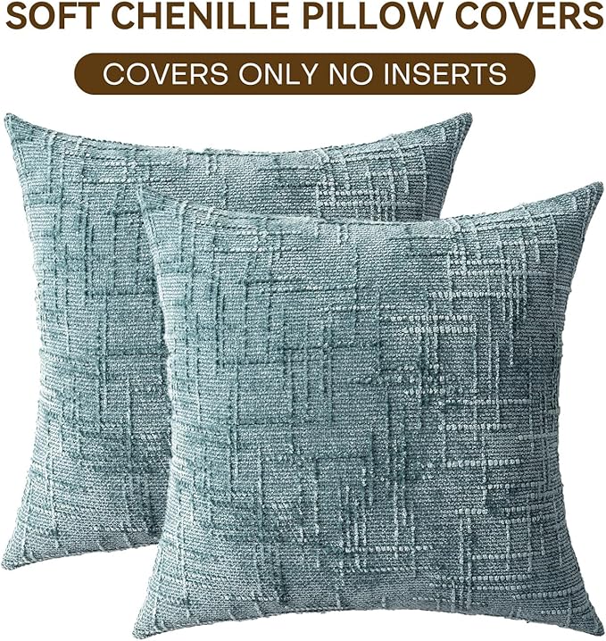 Decorative Throw Pillow Covers 20x20 Inch Set of 2, Soft Solid Farmhouse Chenille Couch Pillows, Spring Pillow Covers for Couch Sofa Bed Living Room Home Decor Pillowcase, Teal