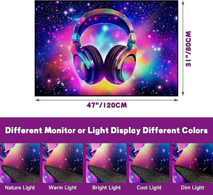 Galaxy Game Area Rug Music Headphone Rugs Colorful Throw Rug Non-Slip Carpet Doormats for Living Room Bedroom Apartment Dorm Floor Mat 47 in X 31 in