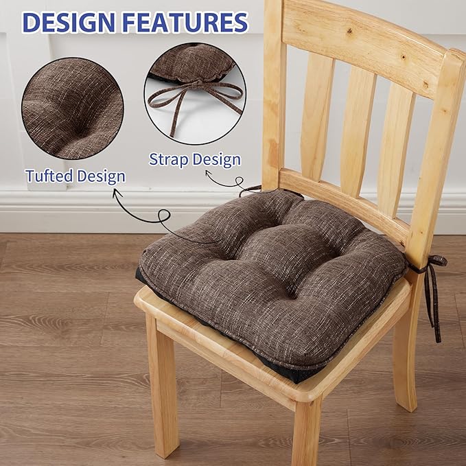 Chair Cushions for Dining Chairs Set of 6, Kitchen Chair Cushions, Chair Pads with Ties and Non Slip Backing, Tufted Memory Foam Seat Cushion 6 Pack, 15.5" x 15.5" x 4", Brown