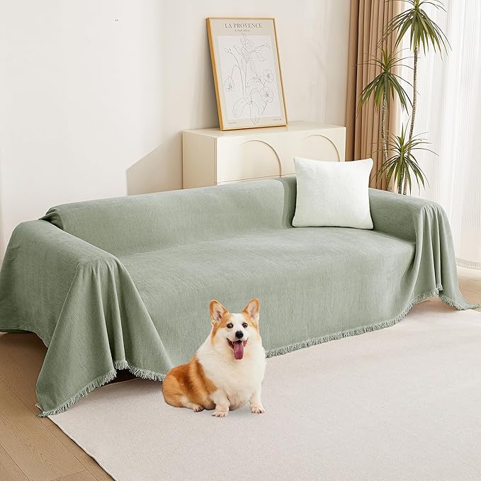 MYSKY HOME Chenille Sofa Slipcovers Sage Green Sofa Covers with Tassel Edge L Shaped Sectional Couch Covers for 3 Cushion Couch, Washable Thick Durable Furniture Protector for Dogs Kids 71"x 134"