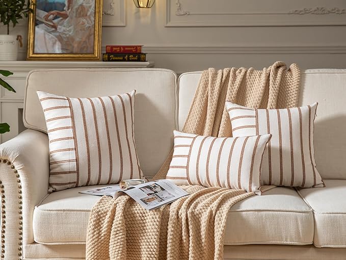 Caflife Boho Throw Pillow Covers 18x18 Set of 2 Soft Farmhouse Decorative Couch Pillow Cases Brown Striped Pillow Covers Neutral Cushion Covers for Sofa Bed Living Room Home Decor