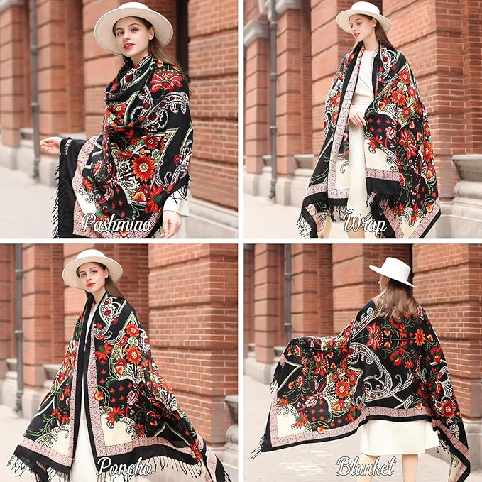 DANA XU 100% Merino Wool Pashmina Shawl for Women 96"x43", Oversized Cashmere Wrap with Tassels, Floral Travel Blanket Cape