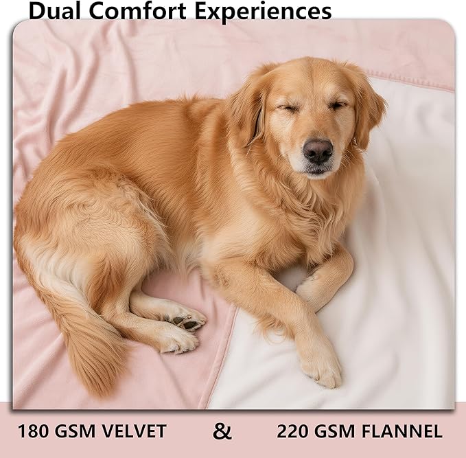 Waterproof Blanket for Bed King Size, Leak Proof Dog Couch Blankets Reversible, Pet Throw Sofa Furniture Protector Machine Washable-82 x108,Pink+Cream