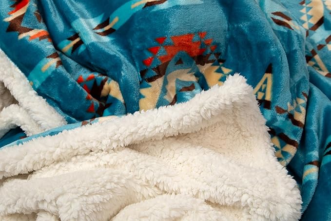 CARSTENS, INC. Ultra Premium Super Soft Plush Sherpa Fleece Oversized Throw Blanket 54" x 68", Turquoise Southwest