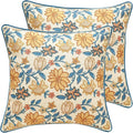 ISAENNE Design Square Simple Elegant Linen Throw Pillow Covers 18"x18" Pack of 2, Blue Yellow Floral Pattern Cushion Covers Decor Pillowcases for Bed,Living Room,Outdoor,Car