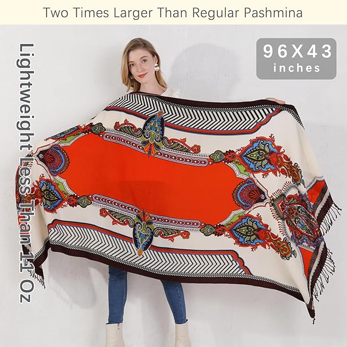 DANA XU 100% Merino Wool Extra Large Pashmina Blanket Travel Scarf Cashmere Wrap for Women Fall Winter Oversize Shawl Floral