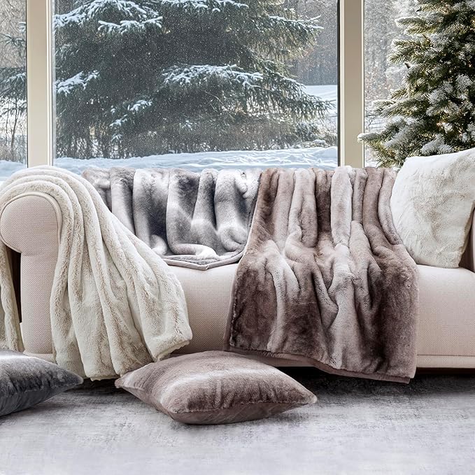 EVERGRACEHOME Ultra Soft Luxury Fluffy Mink Faux Fur Throw Blanket, Thick Warm Fall Winter Blankets for Bed, Couch, Cozy Plush Reversible Blanket for Chair, Sofa (Ombré Silver Onyx, 50"x60")