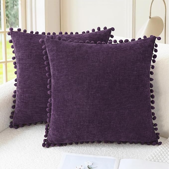 CaliTime Throw Pillow Covers Decorative 16 X 16 Inches Pack of 2 Cozy Solid Dyed Soft Chenille Cushion Cases with Pom Poms for Couch Sofa Bed Living Room Home Plum Purple