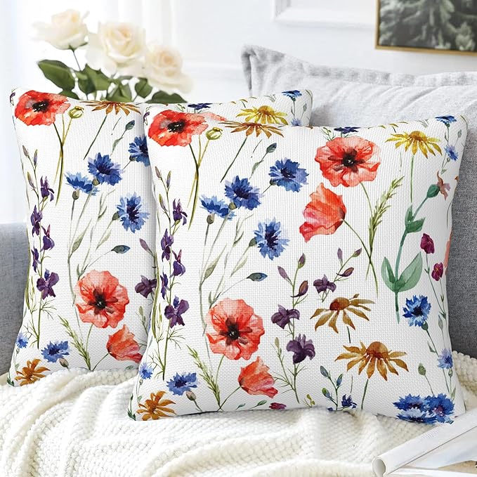 Wildflowers Throw Pillow Covers Set of 2 Watercolor Poppy Pillow Covers 18x18 Inch Modern Farmhouse Home Decorative Pillow Cases Cushion Cover for Sofa Living Room Office