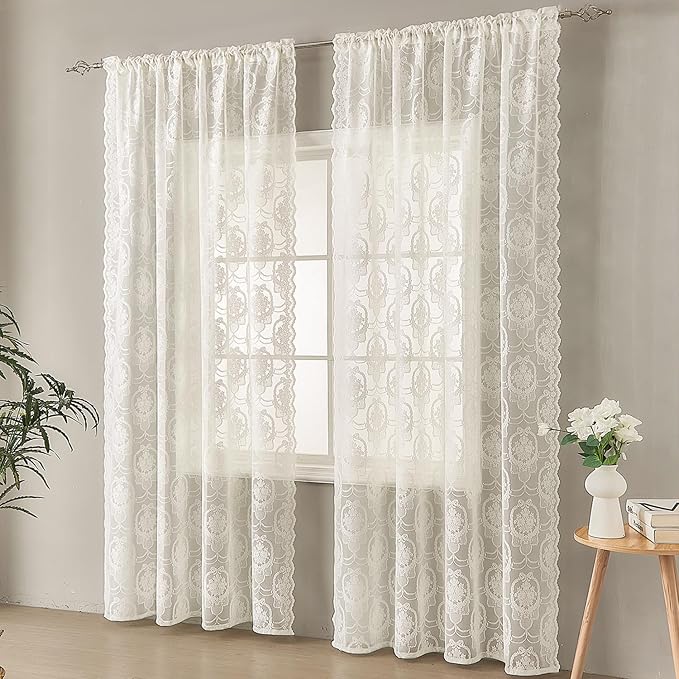 Ivory Vintage Country Floral Lace Sheer Curtains 84 Inches Long -Rod Pocket Light Filtering French Privacy Scalloped Edges Rod Pocket Boho Bedroom ，52 x 84 Inch, 2 Panels