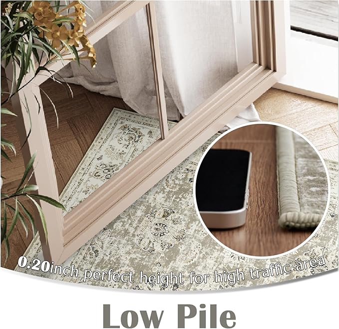 jinchan Fiora Washable Area Rug 5x7 Ultra-Thin Low Pile Non Slip Stain Resistant Soft Faux Wool Floral Distressed Vintage Carpet for Bedroom, Living Room, Dining Room, Kitchen, Nursery(Taupe, 5' x 7')