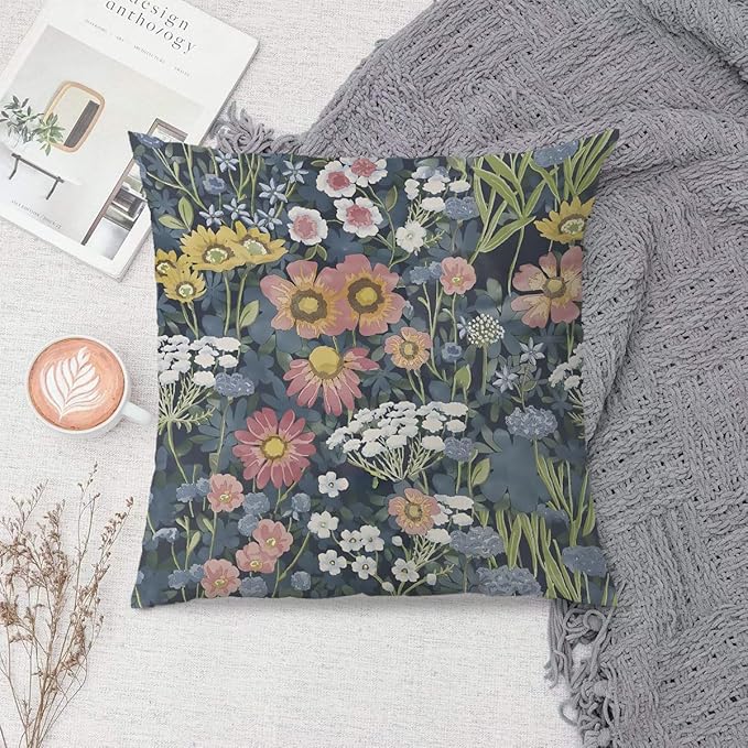 Blue Boho Floral Pillow Covers 18x18 - Vintage Bohemian Decorative Throw Pillow Covers Pillowcases for Living Room Bedroom, Floral Outdoor Pillow Covers, Cottagecore Room Decor (Double-Sided)