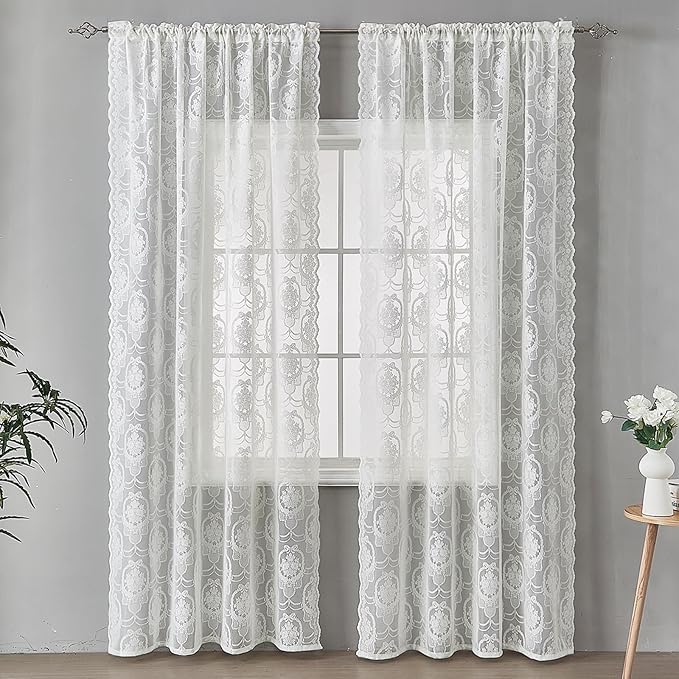 Bright White Vintage Country Floral Lace Sheer Curtains 63 Inches Long -Rod Pocket Light Filtering French Privacy Scalloped Edges Rod Pocket Boho Bedroom ，52 x 63 Inch, 2 Panels