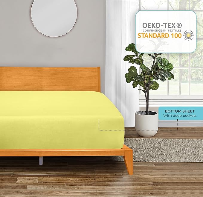 ROYALE LINENS 300 Thread Count 100% Long Staple Combed Cotton Fitted Sheet Twin XL - Super Soft Deep Pocket Bottom Sheet - Fitted Sheets Only - Elastic Sheets (Twin XL, Yellow)