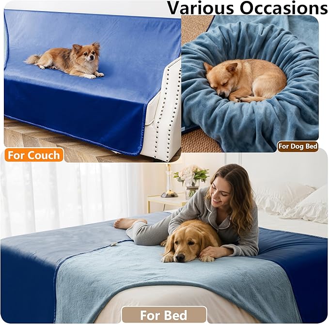 Waterproof Blanket for Couch, Leak Proof Dog Bed Blankets Reversible, Pet Throw Sofa Furniture Protector Machine Washable-52 x82,Navy Blue+Stone Blue
