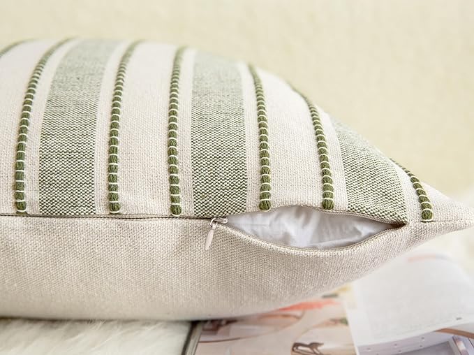 Decorative Boho Throw Pillow Covers, Farmhouse Textured Pillow Case, 20 x 20 Inch Set of 2, Chair Sofa Bedroom Living Room Home Decor Couch Cushion Case, Olive Green and Beige Striped