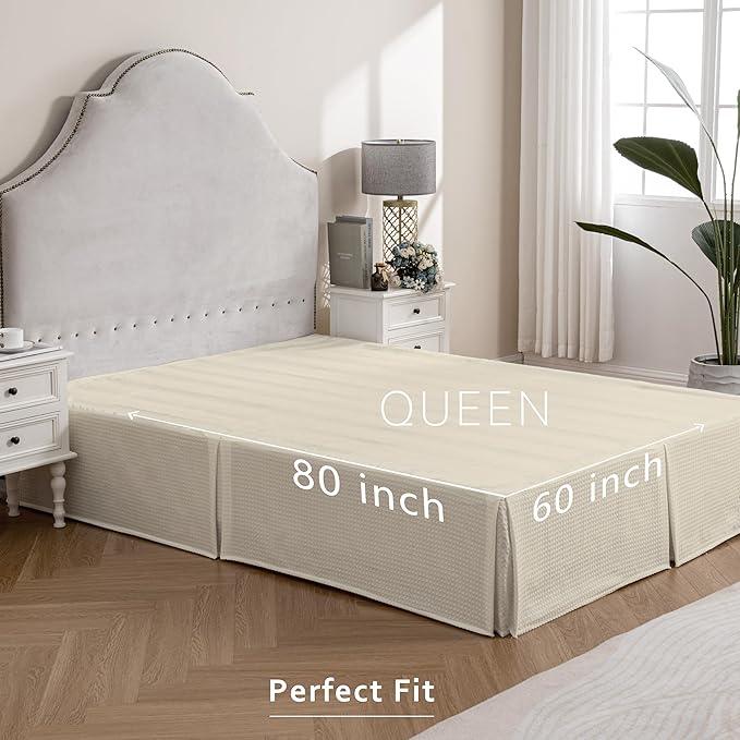 MIYE Pleated Waffle Weave Bed Skirt, Tailored Dust Ruffle 14 Inch Drop Easy Fit, Machine Washable,No Split Corners (Light Beige, Queen - 14" Drop)