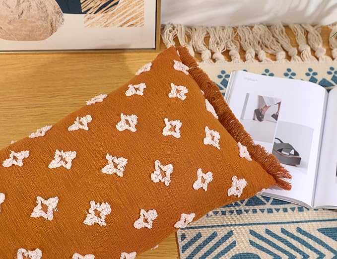 Boho Long Lumbar Pillow Cover 12x24 with Tassel,3D Flower Patterned Cotton Decorative Long Lumbar Pillow Cover Pillow Case for Sofa Couch Bed Livingroom Farmhouse,Rust Red