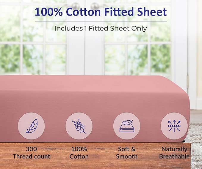 ROYALE LINENS 300 Thread Count 100% Long Staple Combed Cotton Fitted Sheet Full - Super Soft Deep Pocket Bottom Sheet - Fitted Sheets Only - Elastic Sheets (Full, Pink)