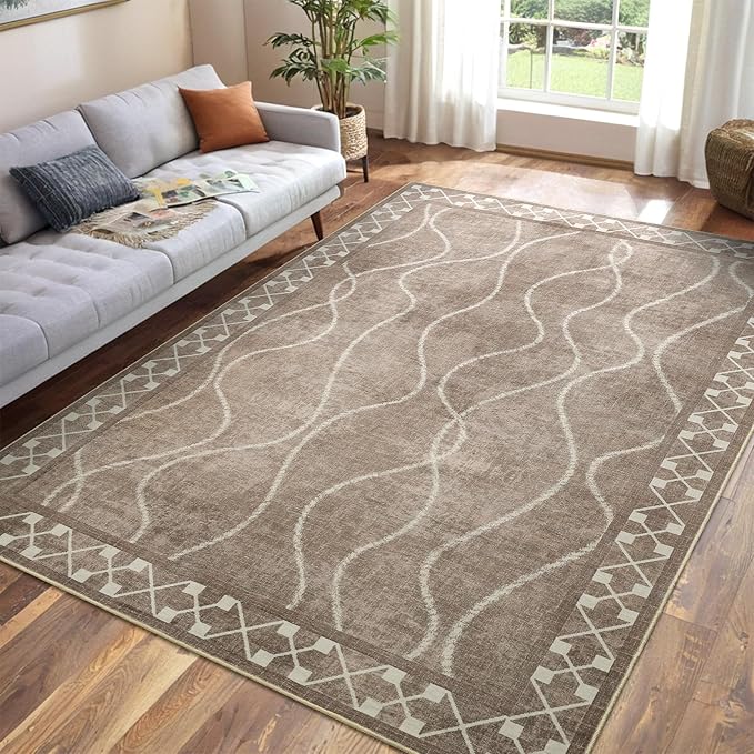4x6 Area Rugs for Bedroom Living Room, Machine Washable Low Pile Rugs, Non Slip Modern Bordered Print Indoor Carpet for Entryway Office Dining Room Dorm Home Decor, Brown