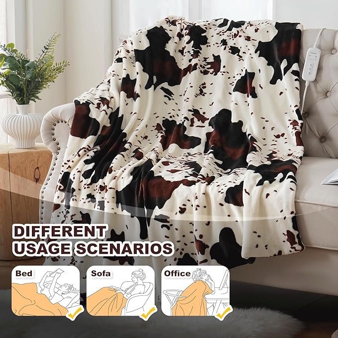 Cow Print Heated Electric Blanket Soft Western 60" x 50" Heating Blanket Cozy Throw Fast Heating 1-10H Auto-Off 8 Heat Level Over-Heat Protection Double Sided Cow Printing