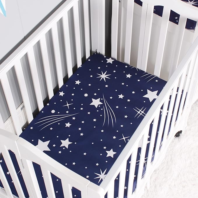 Belsden Pack of 3 Mini Crib Sheet Set, Pack N Play Sheet Set for Baby Boys and Girls, Cloudy Soft Touch and Machine Washable, Fitted Playard/Portable Crib Sheet, White Star & Navy & Navy Star