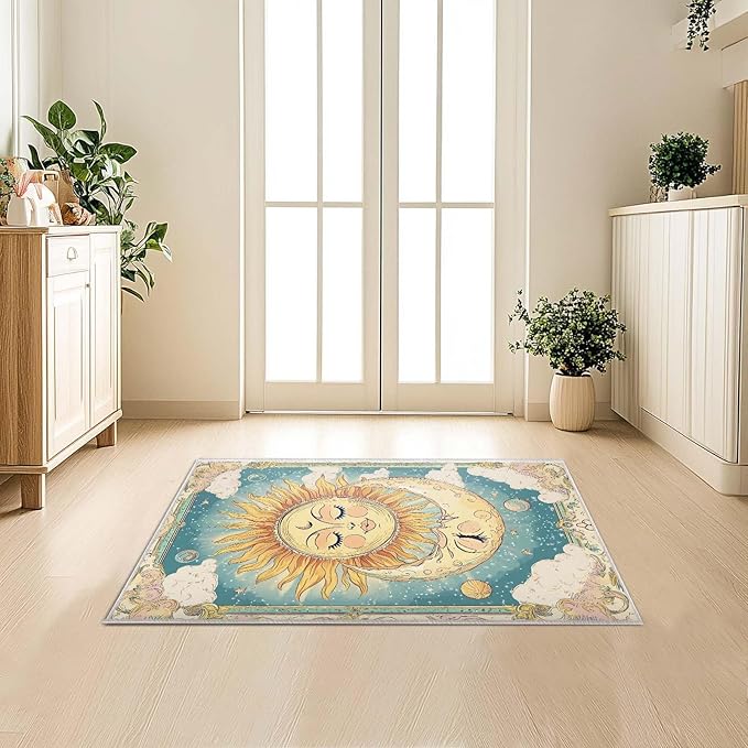 2x3 Sun and Moon Entryway Area Rug Blue Yellow Hippie Celestial Bathroom Rug Non-Slip Machine Washable Low Pile Small Carpet Kitchen Bedroom Door Mat Entrance