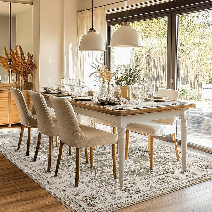 jinchan Fiora 9x12 Area Rugs for Living Room - Machine Washable Vintage Floral Distressed Design Stain Resistant Carpet Low Pile Non-Slip Large Rug for Bedroom Dining Room Home Office (9‘x12', Taupe)