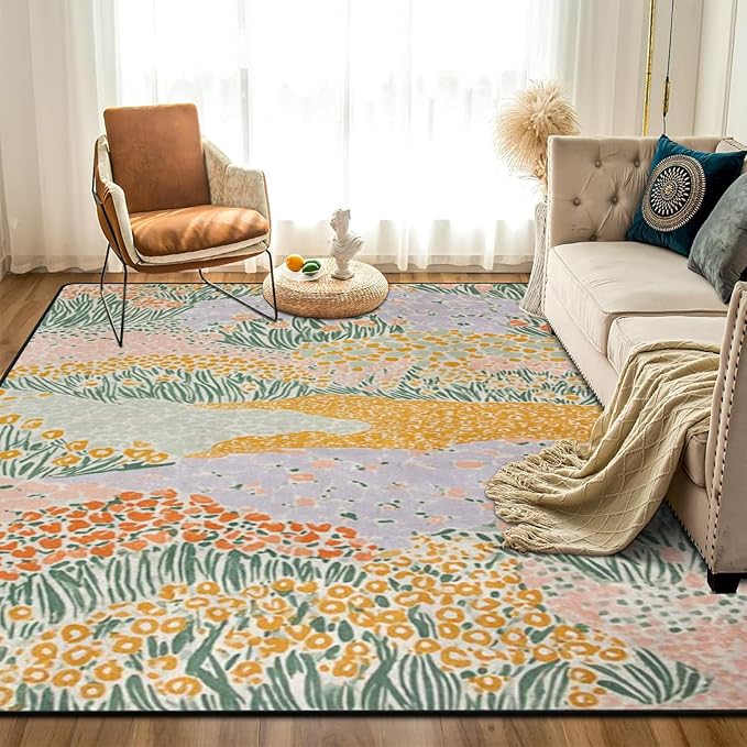 9CH Abstract Garden Floral Area Rug for Kids Bedroom 7' X 5' Natural Rainbow Flower Rugs Non-Slip Cute Soft Boho Carpet for Nursery Living Room Dorm Home Decor