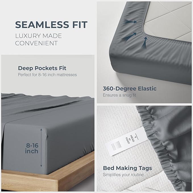 THREAD SPREAD 100% Egyptian Cotton Split King Sheets Sets for Adjustable Bed - Luxury 1500 Thread Count Split Top King Sheets (5 PC, Dark Grey), Soft, Cooling, Sateen Weave 17" Deep Pocket Sheet Set