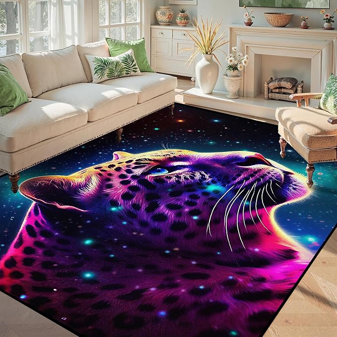 5' X 7' Galaxy Leopard Rug Fierce Panther Head Area Rugs for Boys Kids Bedroom Living Room Gameroom Girls Glitter Carpet Floor Mat Throw Rugs