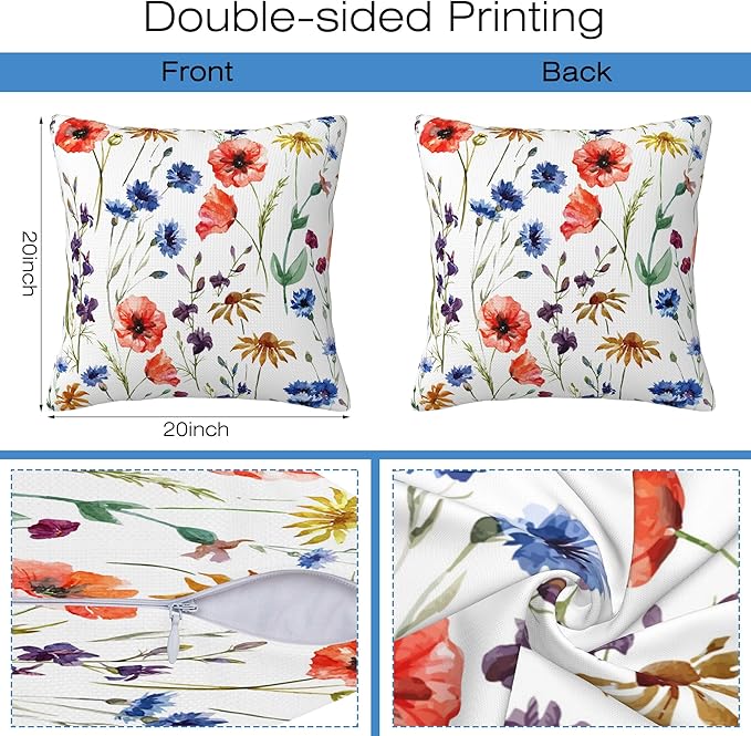 Wildflowers Throw Pillow Covers Set of 2 Watercolor Poppy Pillow Covers 20x20 Inch Modern Farmhouse Home Decorative Pillow Cases Cushion Cover for Sofa Living Room Office
